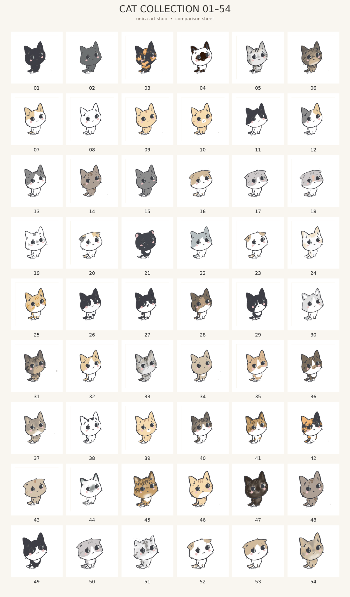 猫柄54枚の比較一覧（仮番号・重複未確認。選択可能な柄は商品オプションをご確認ください）